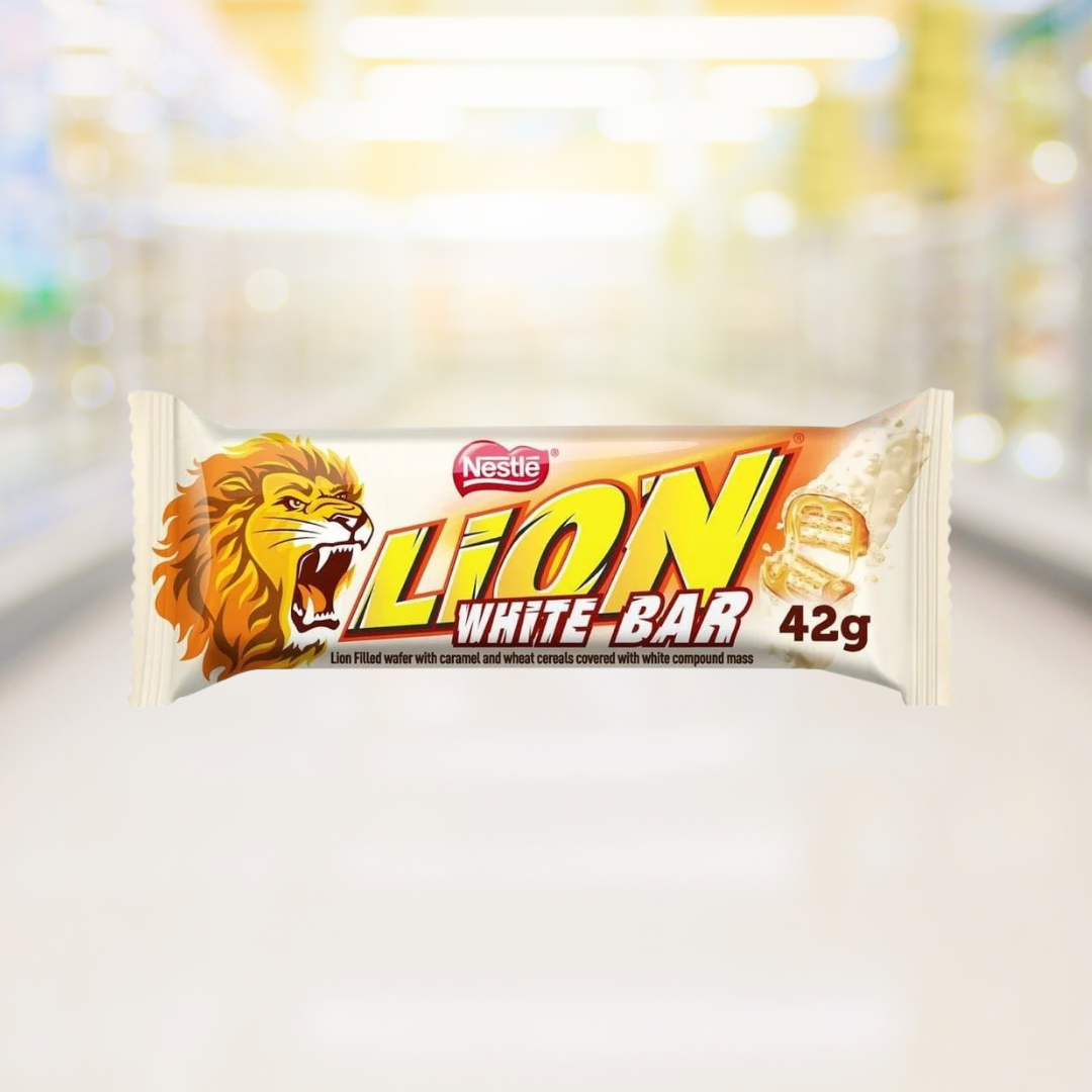 Lion White – melkchocolade reep met krokante wafels en karamelvulling – Nightshop Roermond.