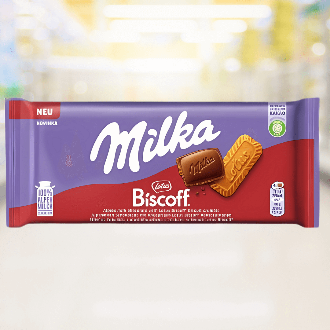Milka Lotus Biscoff – melkchocolade met de bekende speculoos koekjesvulling – Nightshop Roermond.
