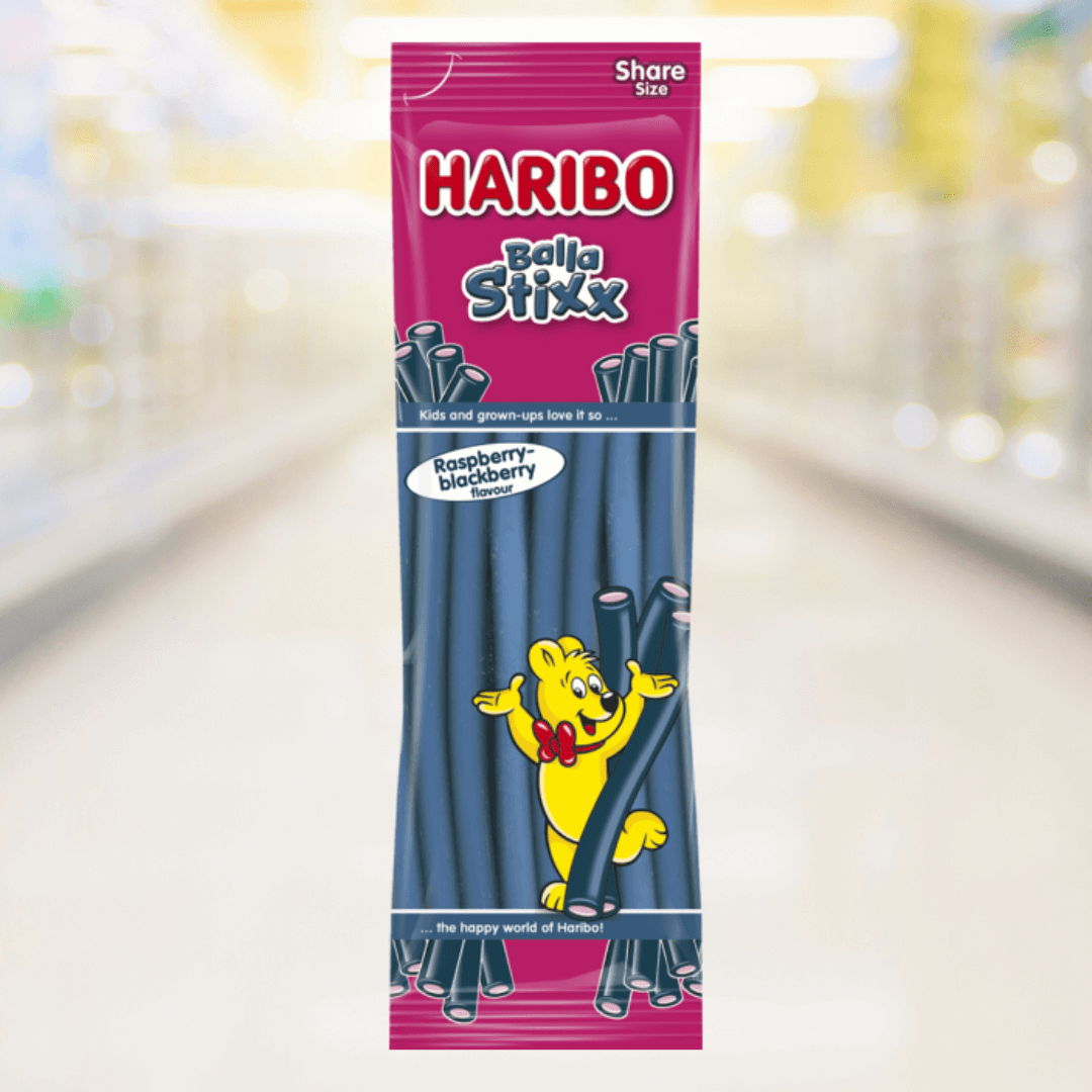 Haribo BalaStixx Raspberry & Blackberry – zachte snoepsticks met fruitige smaak, mix van framboos en braam – Nightshop Roermond.