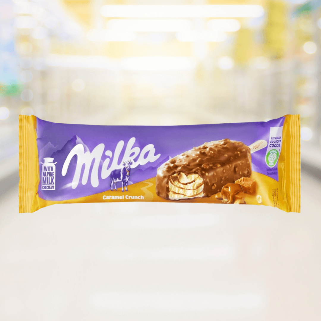 Milka Butter Caramel Crunch ijs – karamelroomijs met knapperige stukjes en Milka chocolade – Nightshop Roermond.
