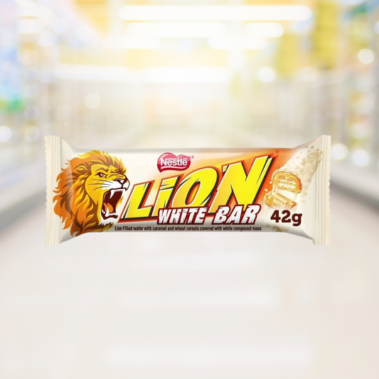 Lion White – melkchocolade reep met krokante wafels en karamelvulling – Nightshop Roermond.